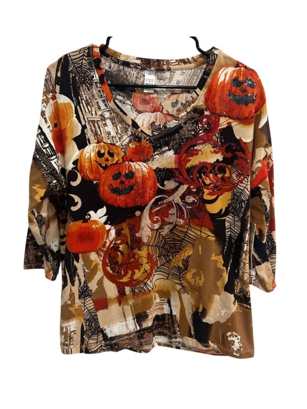 Thomas & Olivia PXL Halloween Pumpkin Sequin V-Neck Top Holiday Kitschy NWT